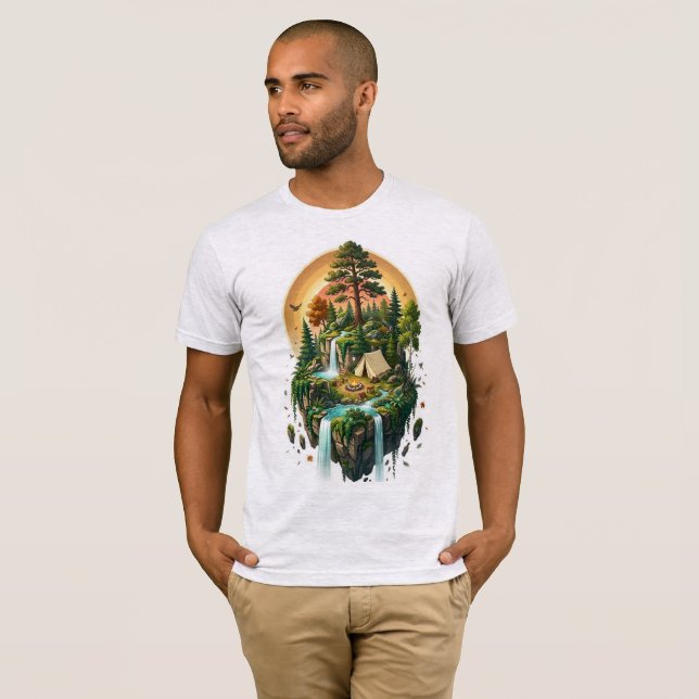 Flytande Ö-camping Vattenfall Skogs T-shirt (Hel framsida)
