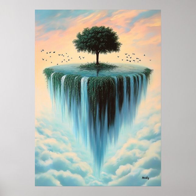 Flytande ö med träd och vattenfall – Surrealistisk Poster (Framsidan)