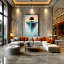 Flytande ö med träd och vattenfall – Surrealistisk