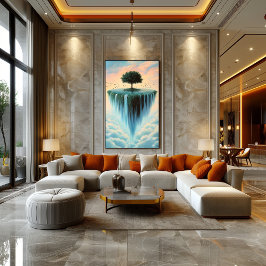 Flytande ö med träd och vattenfall – Surrealistisk Poster