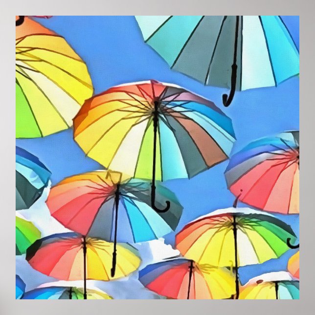 Flytande paraply himmel Whimsical parasoller konst Poster (Framsidan)