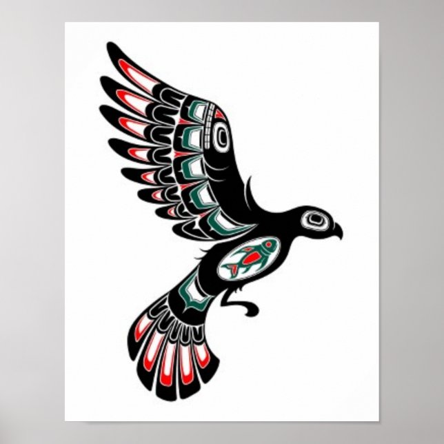 Flytande Red och Black Haida Spirit Bird, vitt Poster (Framsidan)