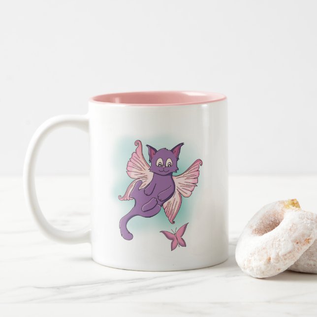 Flytande Rosa och Lila Fairy Cat Två-Tonad Mugg (Med munk)