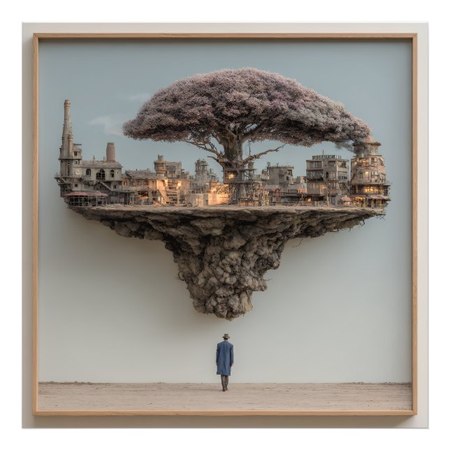 Flytande ruinerad stad Blomstrande träd Surrealist Fototryck (Framsidan)
