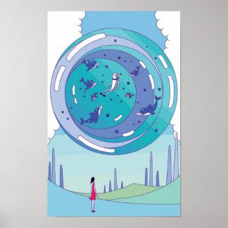 Flytande sfär med delfiner som simmar i den. poster