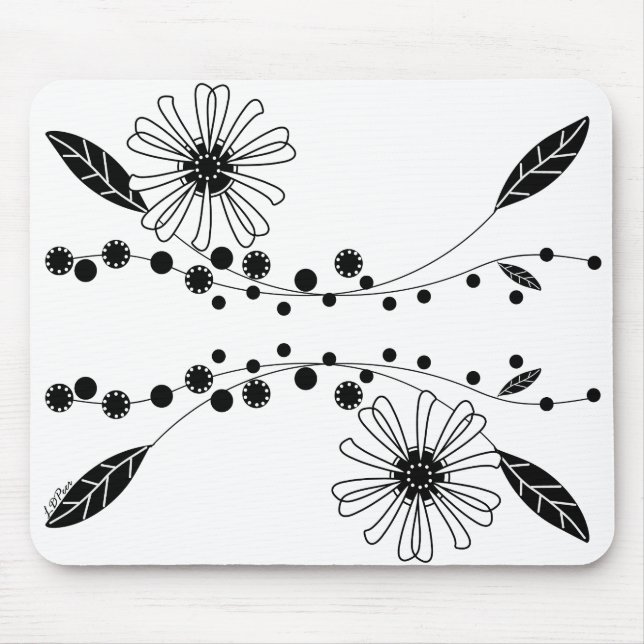 Flytande svart och vit blomsterdesign musmatta (Framsidan)