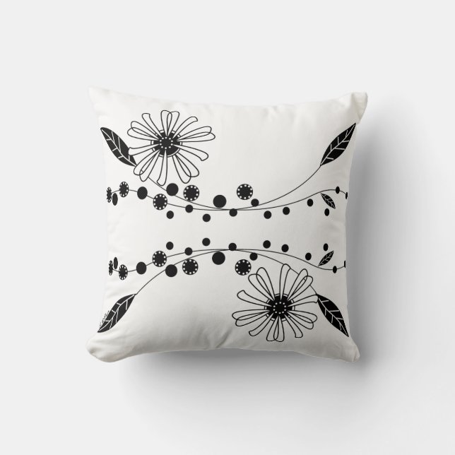 Flytande svart-vit blomdesign kudde (Framsida)
