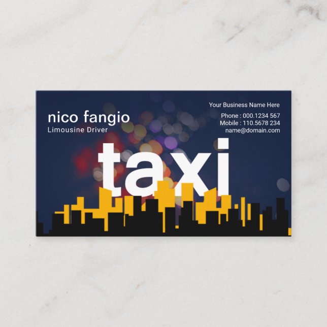 Flytande TAXI Nattdagen Ljus Bokeh City Skyline Ta Visitkort (Framsida)