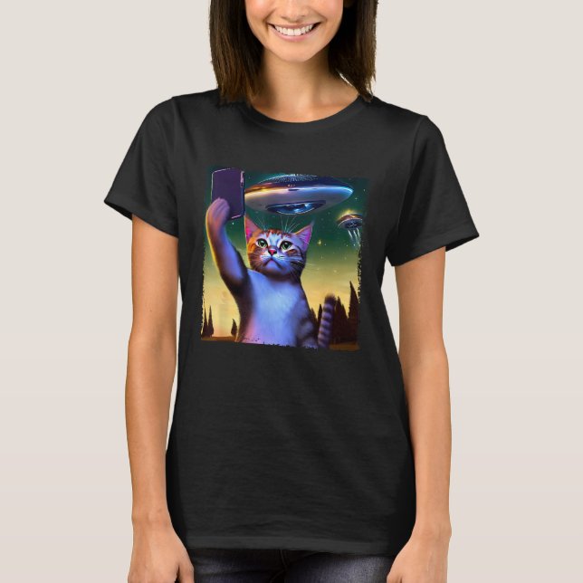 Flytande Ufo Cat Selfie T Shirt (Framsida)