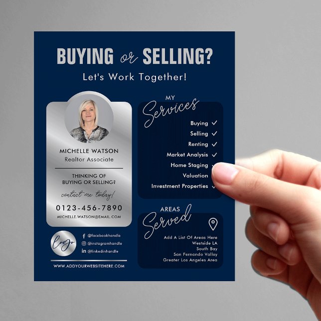 Flytaren för marinflygning och Silver Real Gods Ag Flygblad (Modern navy and silver realtor marketing flyer with your custom photo and logo)
