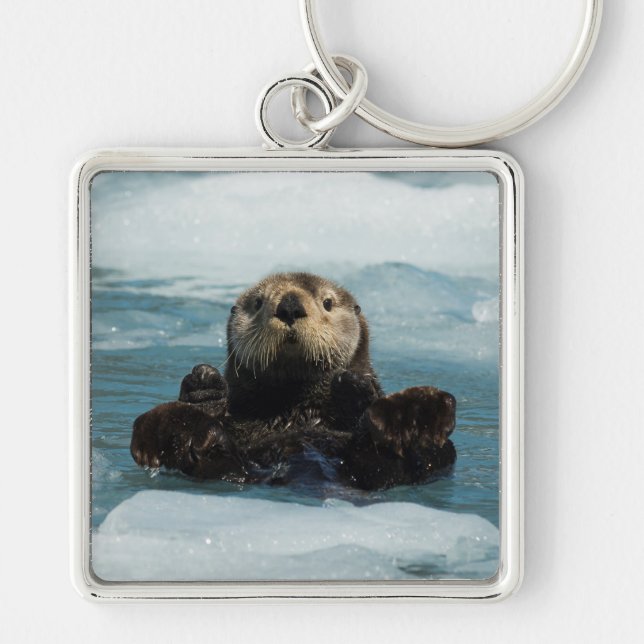 Flyter Otter Fyrkantig Silverfärgad Nyckelring (Framsidan)