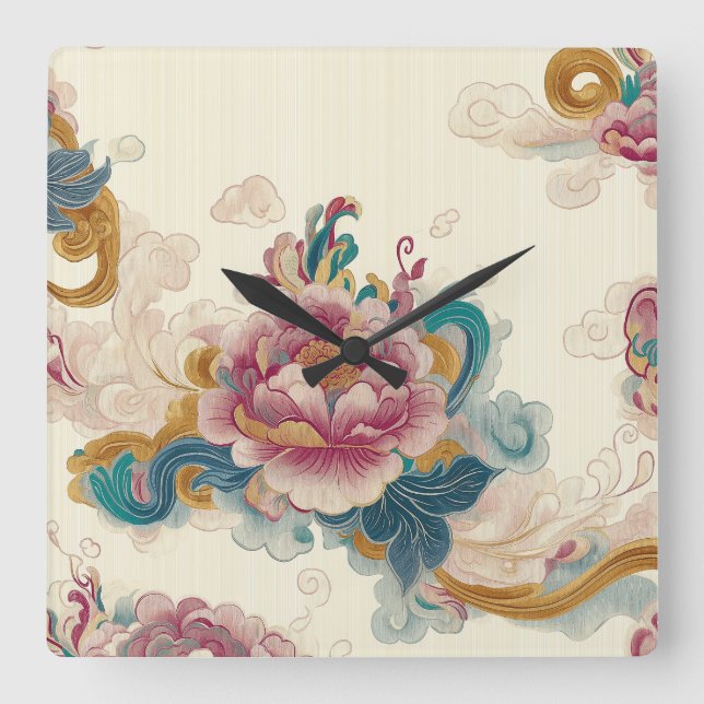 Flyter Peony Fyrkantig Klocka (Framsida)