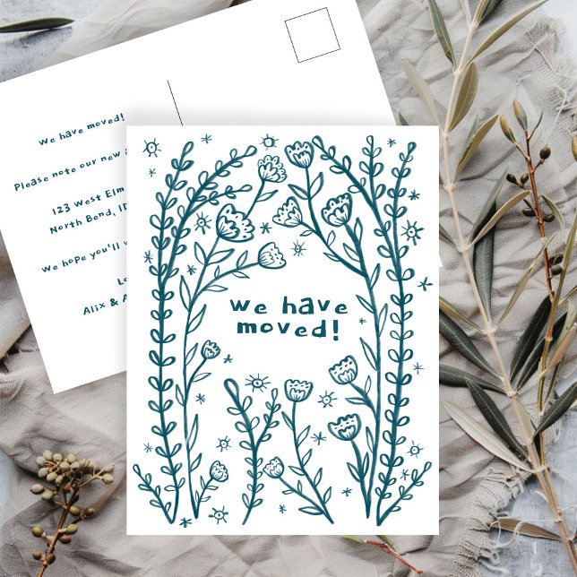 Flytta Annocement Blommigt Ram Sketch Doodle Vykort (Moving Announcement Floral Frame Sketch Doodle Postcard
Whimsical Custom Change of Address)