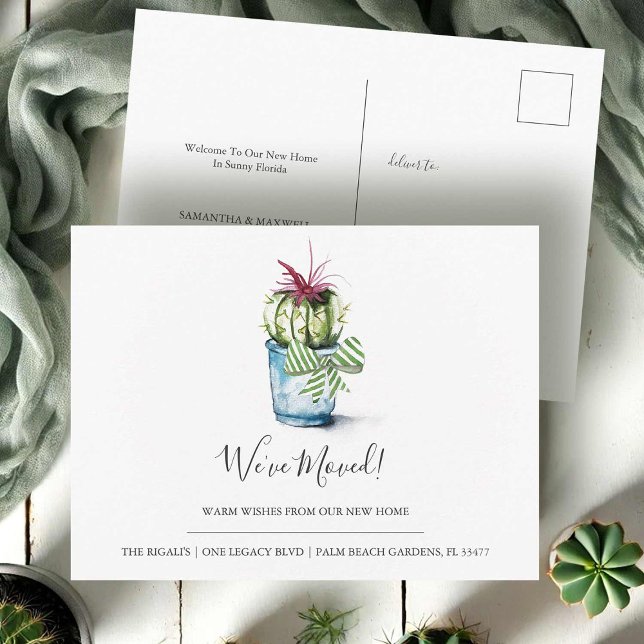 Flytta annons Cards Watercolor Cactus Vykort (Moving announcement cards watercolor cactus art by Victoria Grigaliunas Do Tell A Belle)