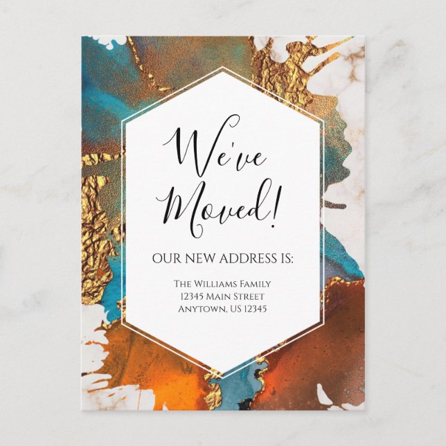 Flytta Announation Guld Blue Marble Bläck Modern Vykort (Framsida)