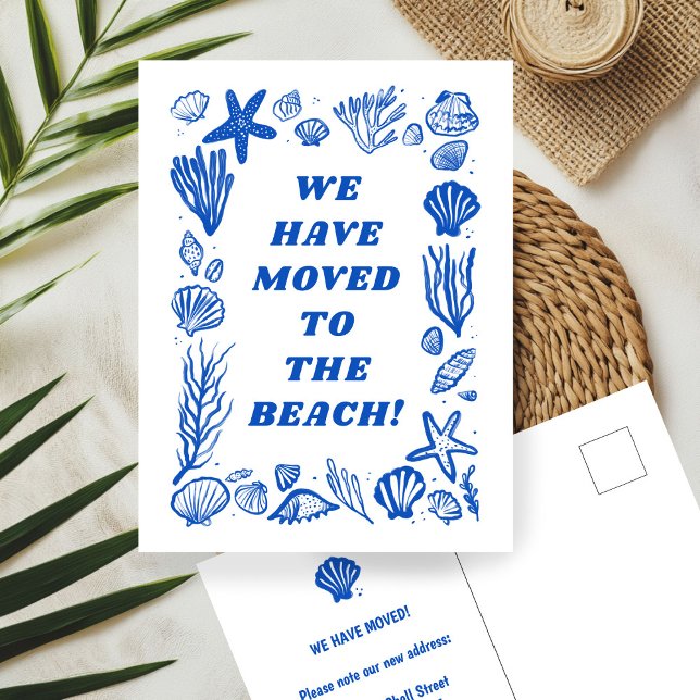FLYTTA ANNOUNCEMENT ADRESS Blue Seashells Beach Vykort ("We have moved to the beach" MOVING ANNOUNCEMENT NEW ADDRESS Change Blue Seashells Beach Postcard
)