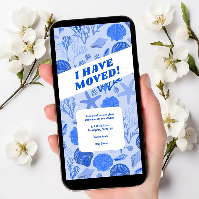 FLYTTA ANNOUNCEMENT Blue Seashells Beach Träd-free Spara Datumet (Customize this seashell digital moving announcement ecard tree-free email "we have moved")