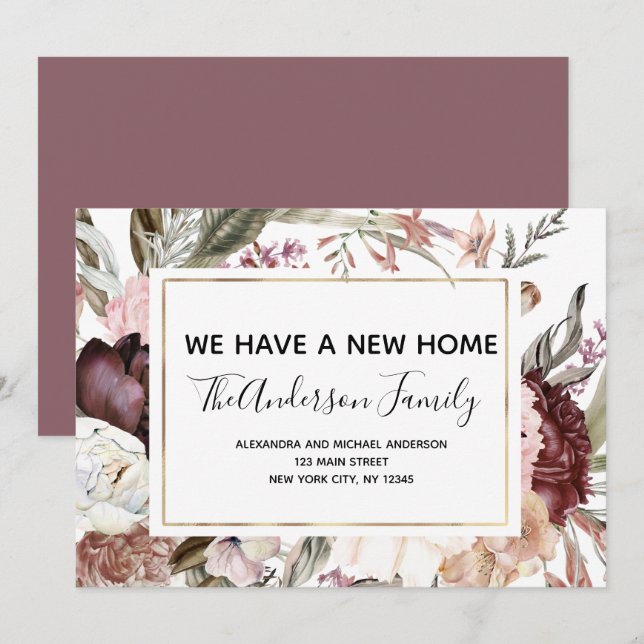 Flytta Announcement Boho Mauve Blommigt Inbjudningar (Fram/baksida)