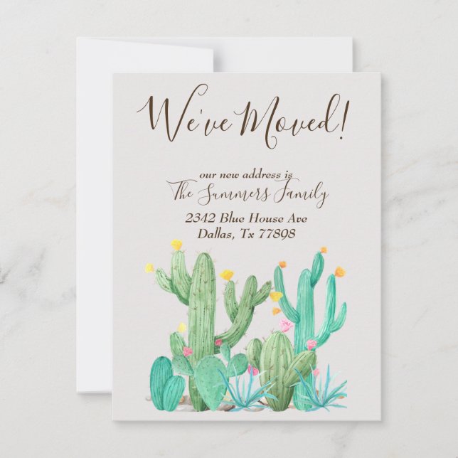 Flytta Announcement Cactus Succulent Watercolor Kort (Framsida)
