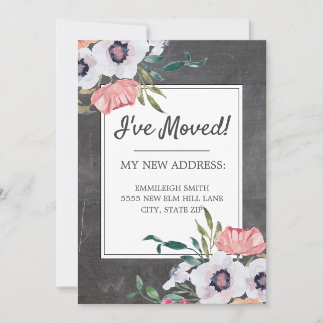 Flytta Announcement Chalkboard Rosa White Blommigt Inbjudningar (Framsida)