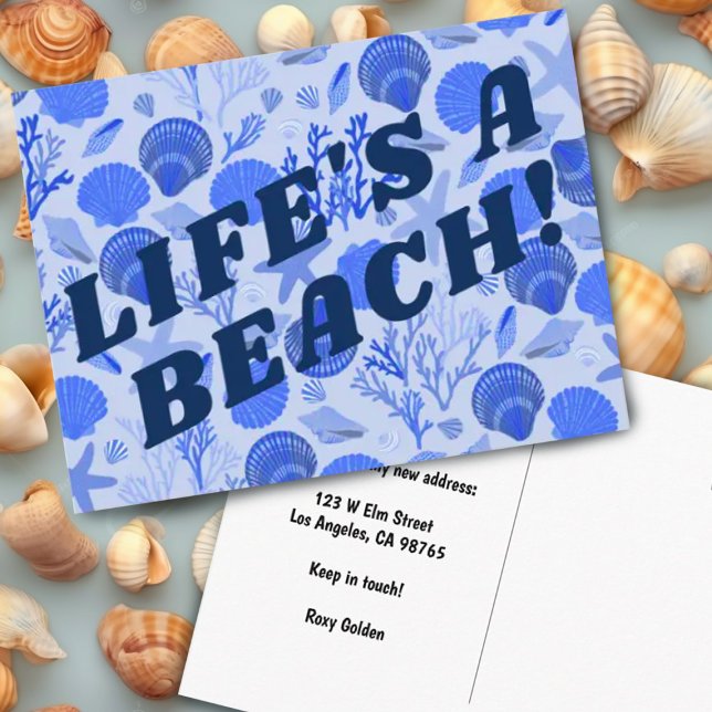 FLYTTA ANNOUNCEMENT Colorful Blue Seashells Beach Vykort (Hand drawn blue seashells pattern on custom moving change of address postcard. Add your own text)