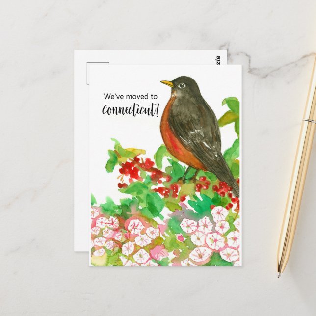 Flytta Announcement Connecticut Robin Laurel Vykort (Fram/Back In Situ)