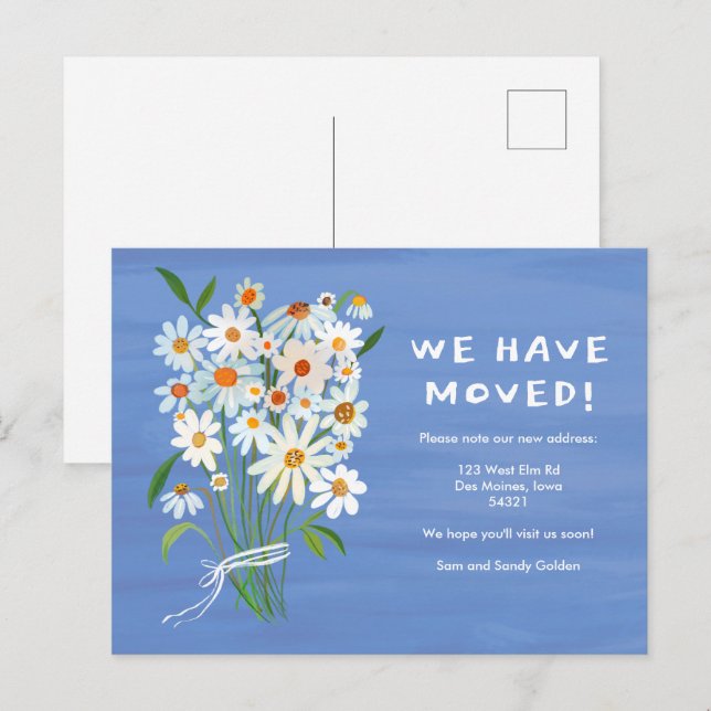 FLYTTA ANNOUNCEMENT Cute Daisy Bouquet Handmålat Vykort (Fram/baksida)