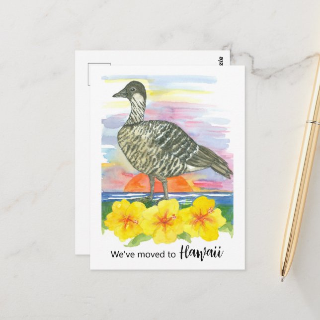 Flytta Announcement Hawaii Nene Goose Hibiscus Vykort (Fram/Back In Situ)