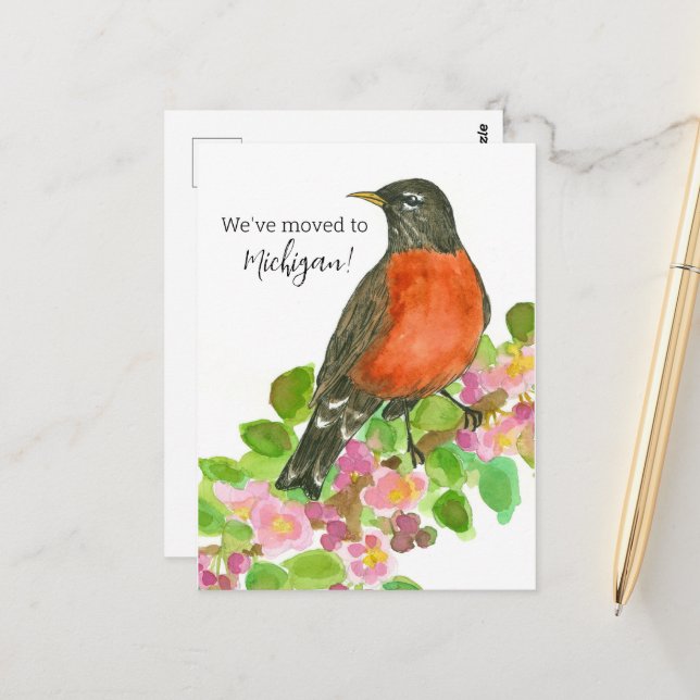 Flytta Announcement Michigan Robin Apple Blommar Vykort (Fram/Back In Situ)