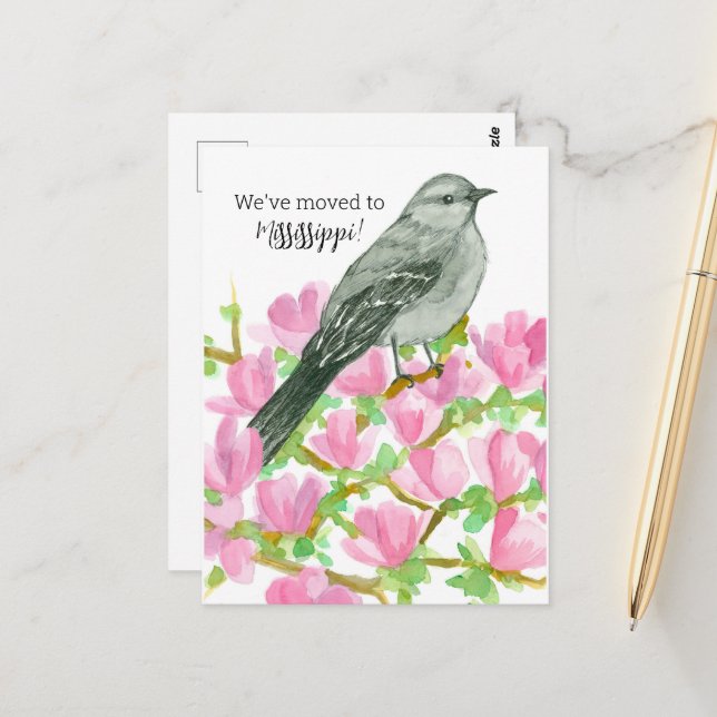 Flytta Announcement Mississippi Mockingbird Flower Vykort (Fram/Back In Situ)