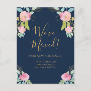 Flytta Announcement Navy Blue Rosa Flowers Vykort