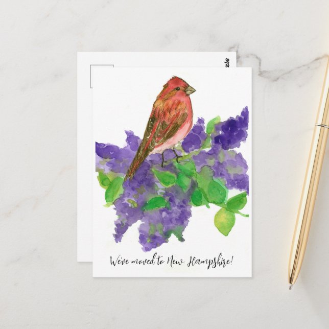 Flytta Announcement New Hampshire Finch Lilac Vykort (Fram/Back In Situ)