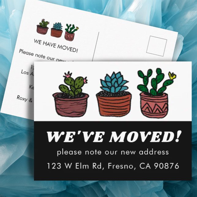 FLYTTA ANNOUNCEMENT NY ADRESS Cute Cacti Vykort (Colorful cute cacti postcard for moving announcement change of address, customize w your details)