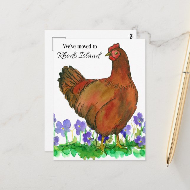 Flytta Announcement Rhode island Red Hen Violes Vykort (Fram/Back In Situ)
