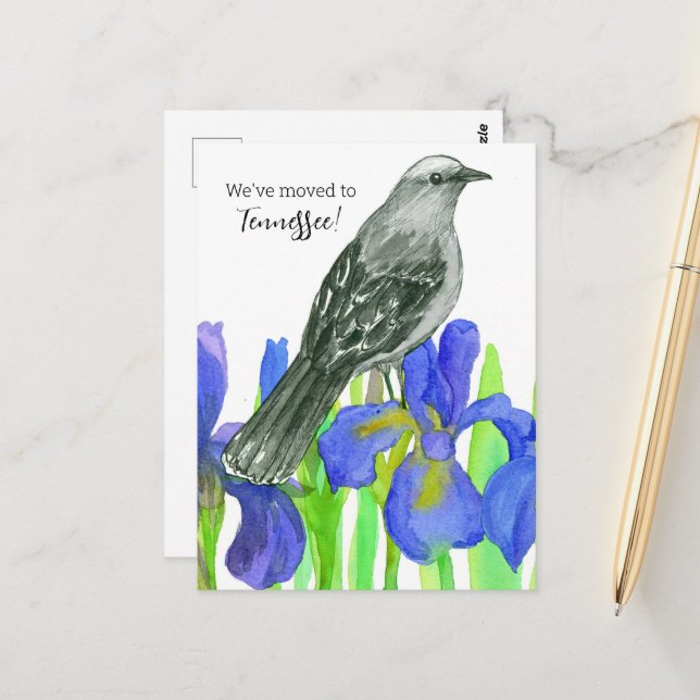 Flytta Announcement Tennessee Mockingbird Iris Vykort (Fram/Back In Situ)