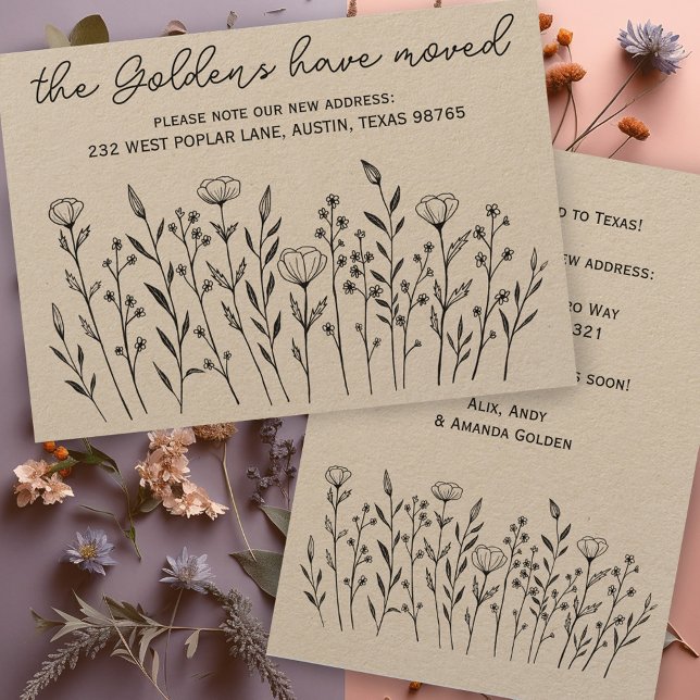 FLYTTA ANNOUNCEMENT WildblommLine Art Kraft Card Inbjudningar (MOVING ANNOUNCEMENT Wildflower Line Art Kraft Address Change New Home Card)