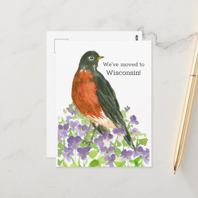 Flytta Announcement Wisconsin Robin Violets Vykort (Fram/Back In Situ)