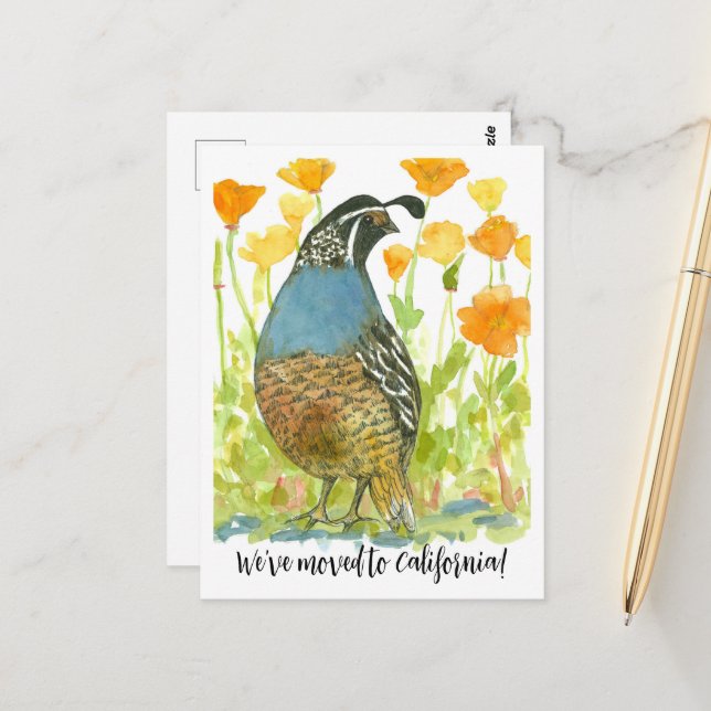 Flytta Announement California Quail Poppies Vykort (Fram/Back In Situ)