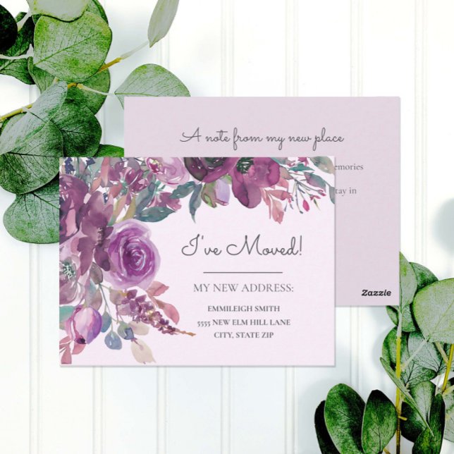 Flytta Announement Lila Watercolor Blommigt Vykort (Elegant purple watercolor floral moving announcement)