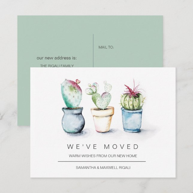 Flytta Announement Postcards Watercolor Cactus Vykort (Fram/baksida)