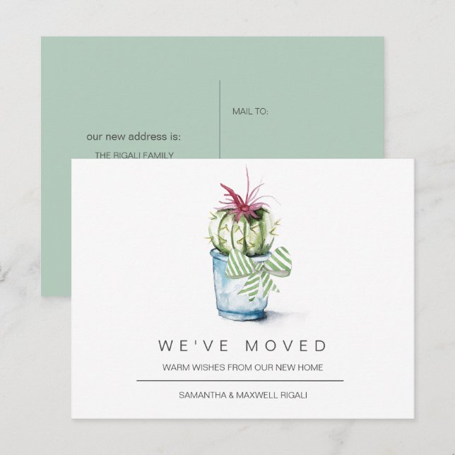 Flytta Announement Postcards Watercolor Cactus Vykort (Fram/baksida)