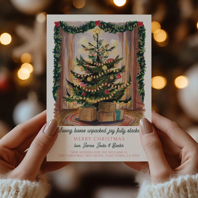 Flytta av julgran och Flytta Boxes Helgdag Meddelande (Vintage Christmas Tree Card .. Holiday Moving Announcements by Darling & May)