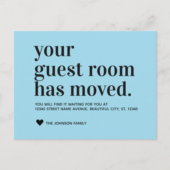 Flytta av meddelande om Blue Typography Guest Room Vykort (Framsida)