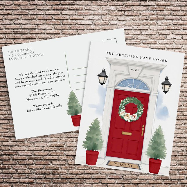 Flytta av röd front-dörr vykort (Red Door New Home Announcement Postcard )