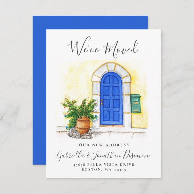 Flytta av vi har flyttat Vattenskärg blå dörr Meddelande (Fram/baksida)