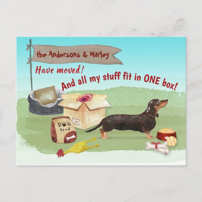 Flytta Black Dachshund Hund Leksak Vårt nya hem Vykort (Framsida)