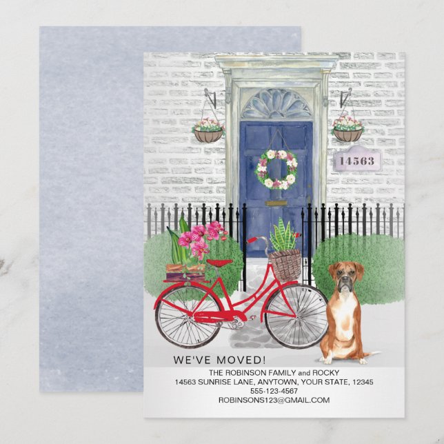 Flytta Boxer Hund Bicycle Door New Home Meddelande (Fram/baksida)