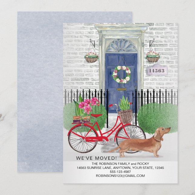 Flytta Brown Dachshund Hund Bicycle Door New Home Meddelande (Fram/baksida)