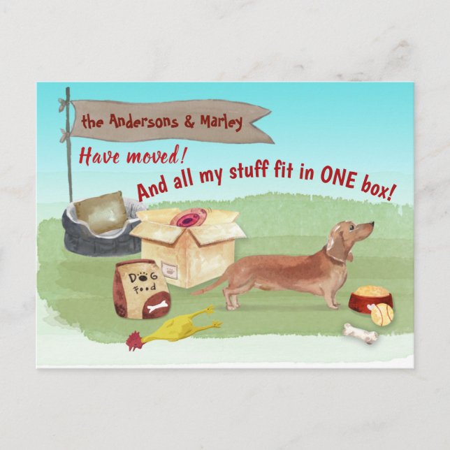 Flytta Brown Dachshund Hund Leksak Vårt nya hem Vykort (Framsida)