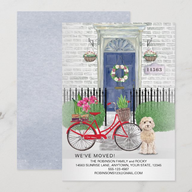 Flytta Champaign Cockapoo Bicycle Door New Home Meddelande (Fram/baksida)